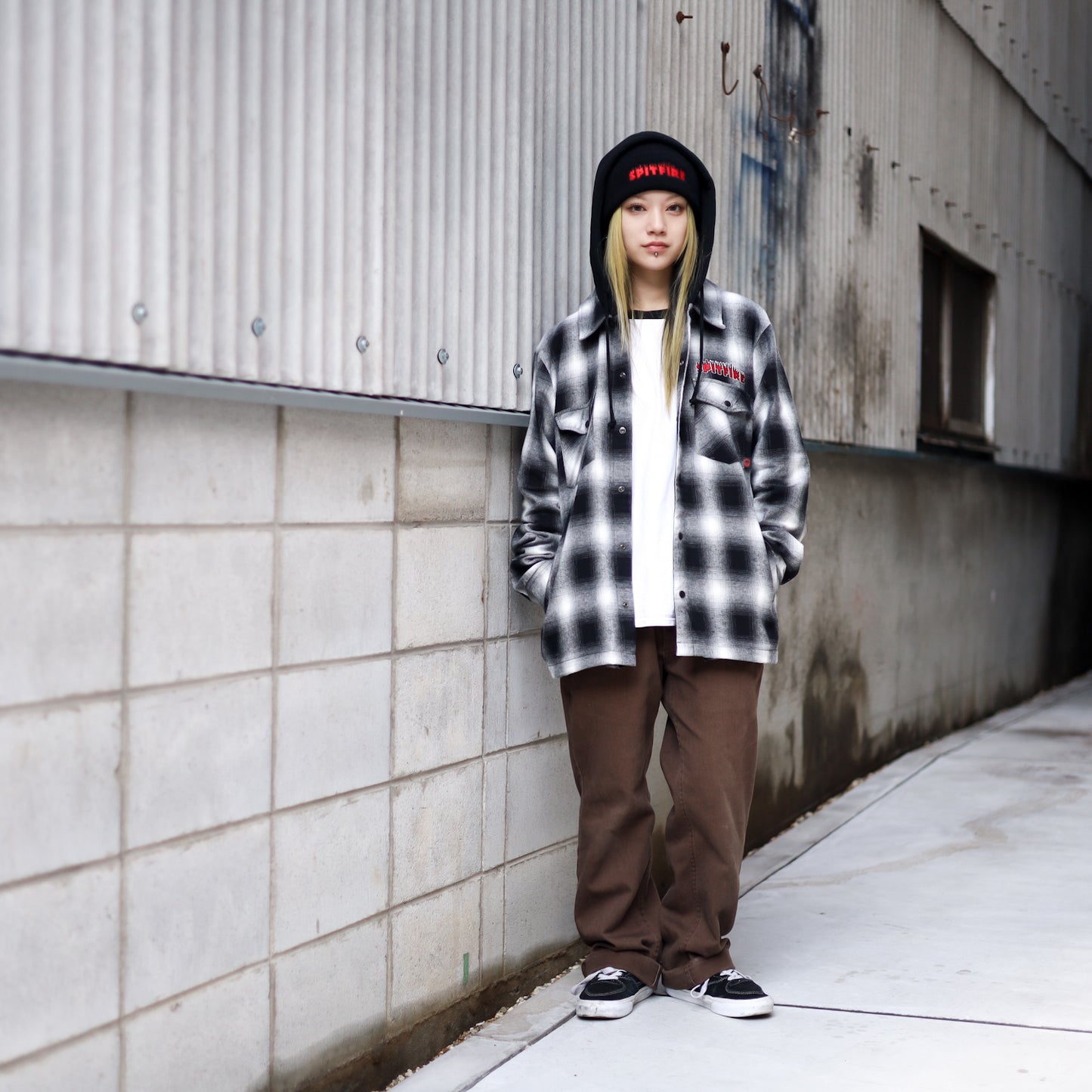 SPITFIRE / DEMONSEED HOODED FLANNEL SHIRT (BLACK/WHITE)