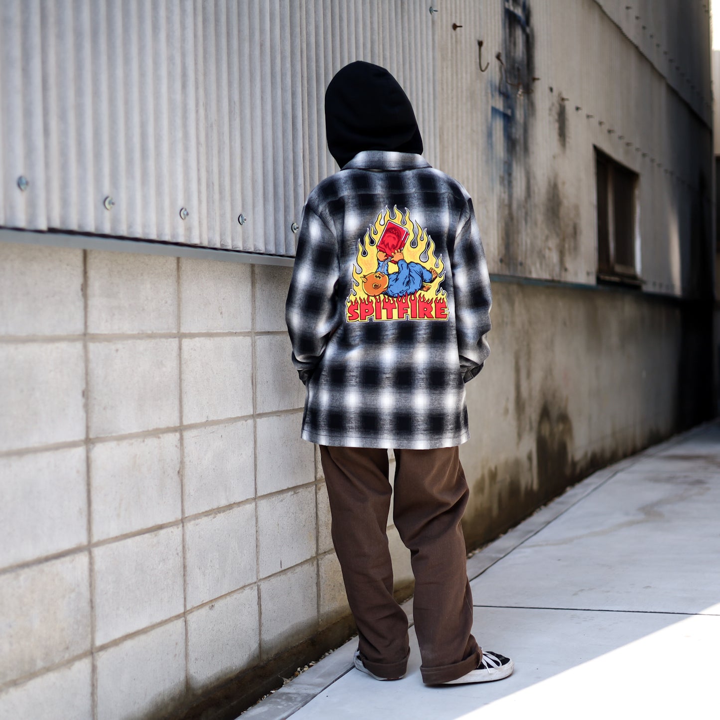 SPITFIRE / DEMONSEED HOODED FLANNEL SHIRT (BLACK/WHITE)