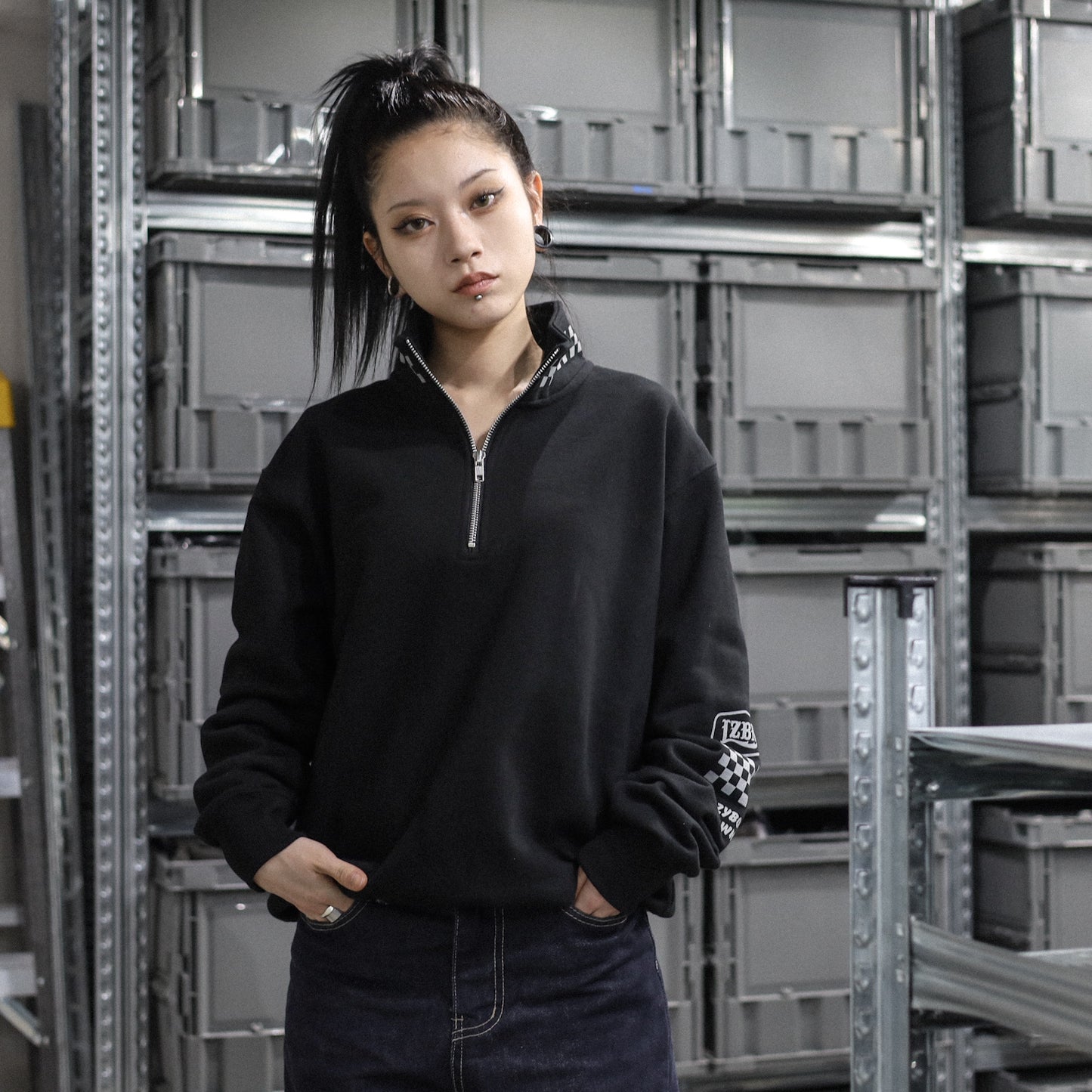LZBN / HEXAGON & CHECKER HALF ZIP SWEAT (BLACK)