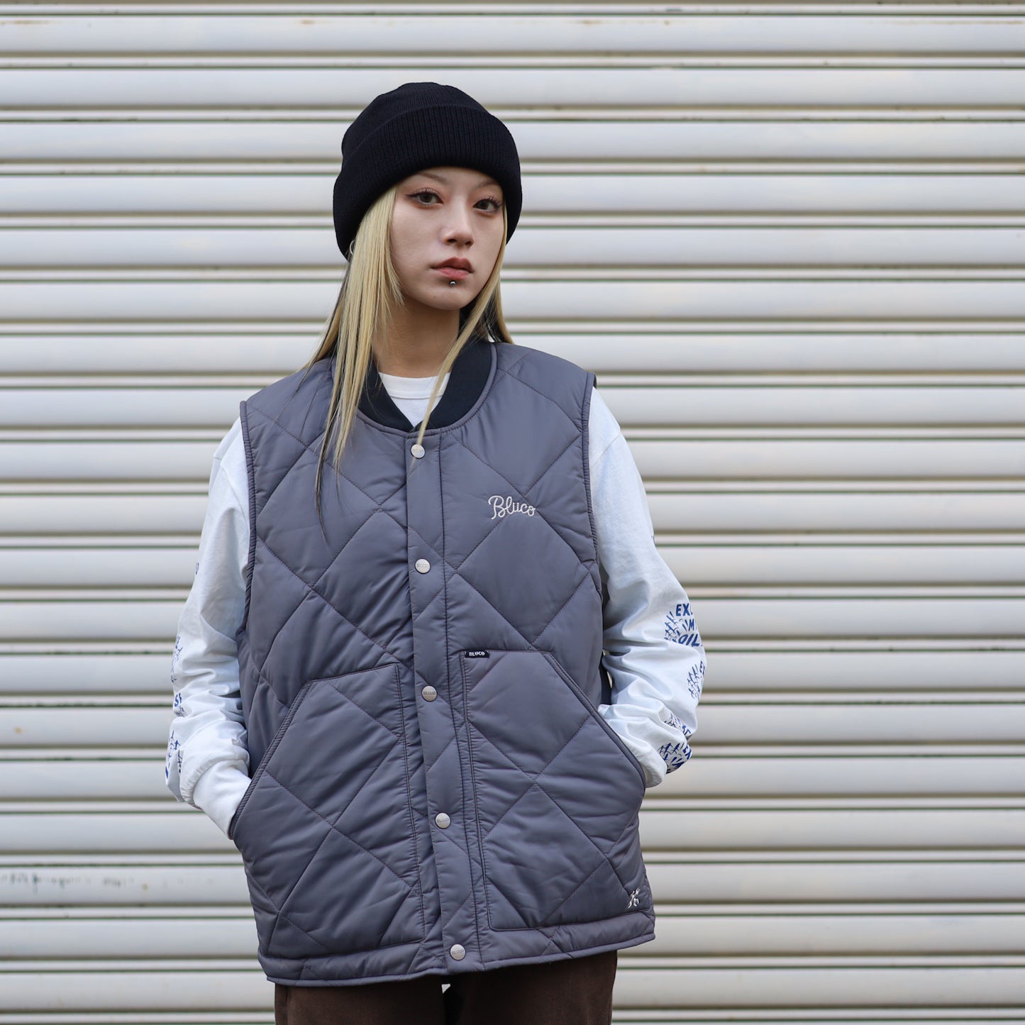 BLUCO / RIB COLLAR QUILTING VEST (GRAY)