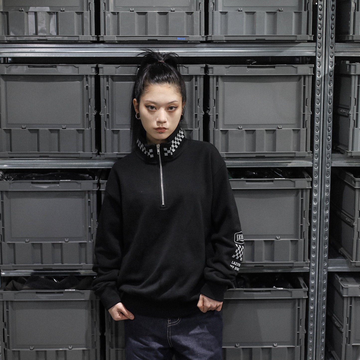 LZBN / HEXAGON & CHECKER HALF ZIP SWEAT (BLACK)
