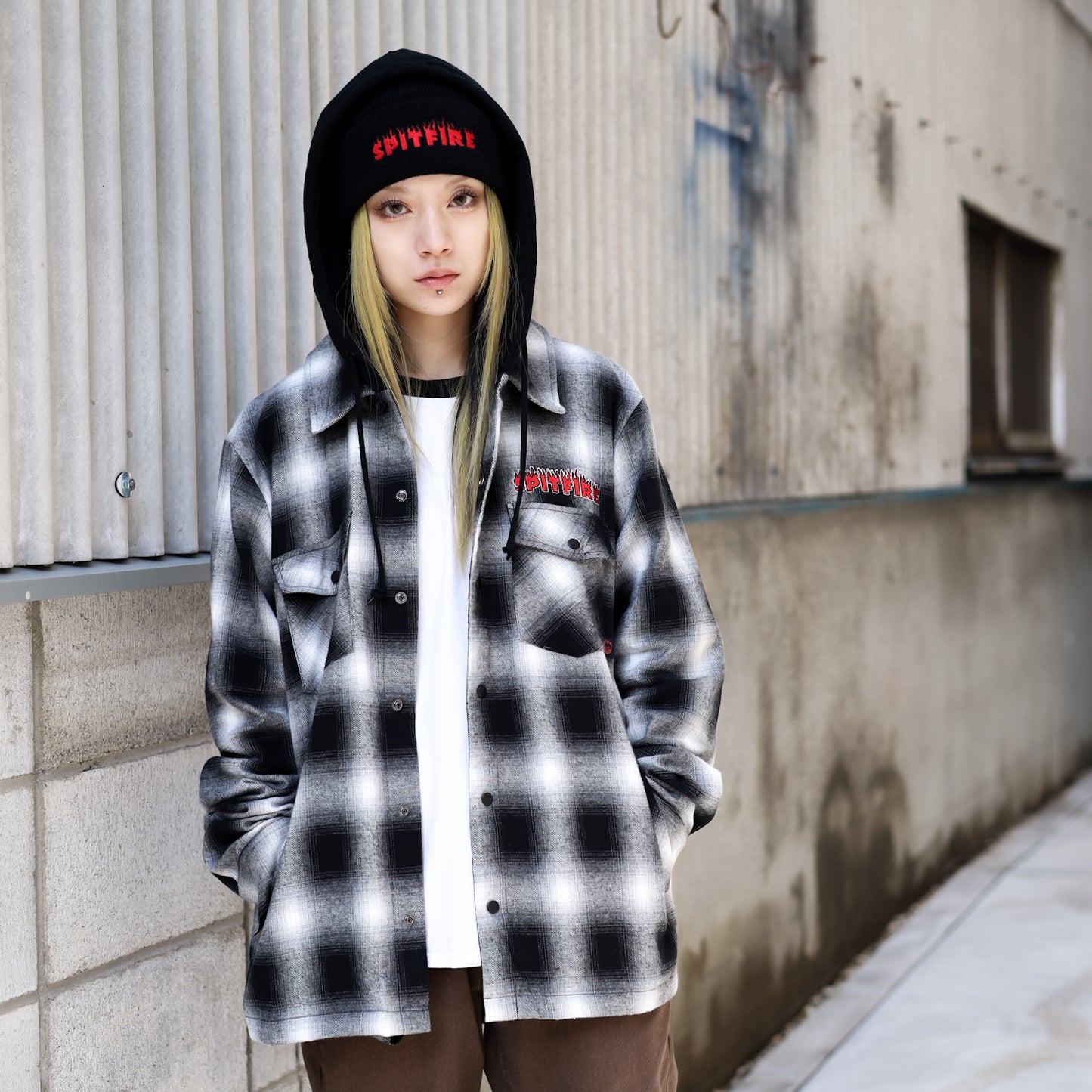 SPITFIRE / DEMONSEED HOODED FLANNEL SHIRT (BLACK/WHITE)