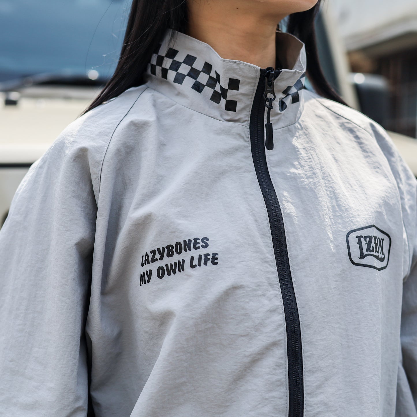 LZBN / HEXAGON & CHECKER NYLON JACKET (GREY)