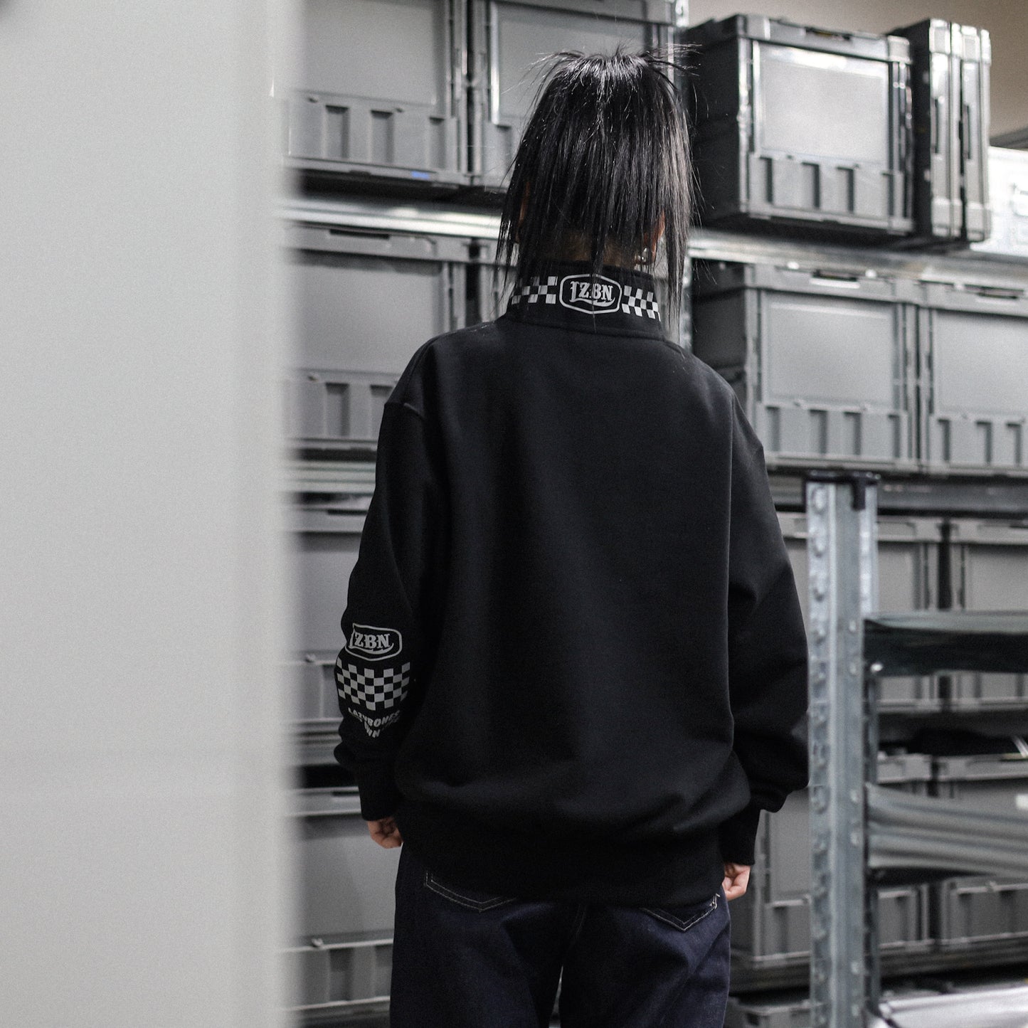 LZBN / HEXAGON & CHECKER HALF ZIP SWEAT (BLACK)