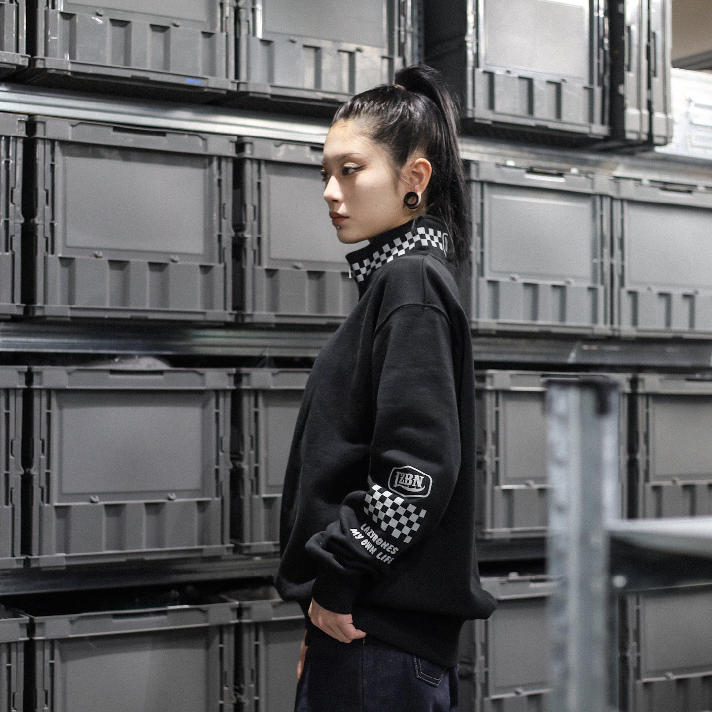 LZBN / HEXAGON & CHECKER HALF ZIP SWEAT (BLACK)