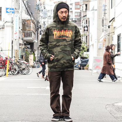 THRASHER / FLAME PULLOVER HOODIE (FOREST CAMO)