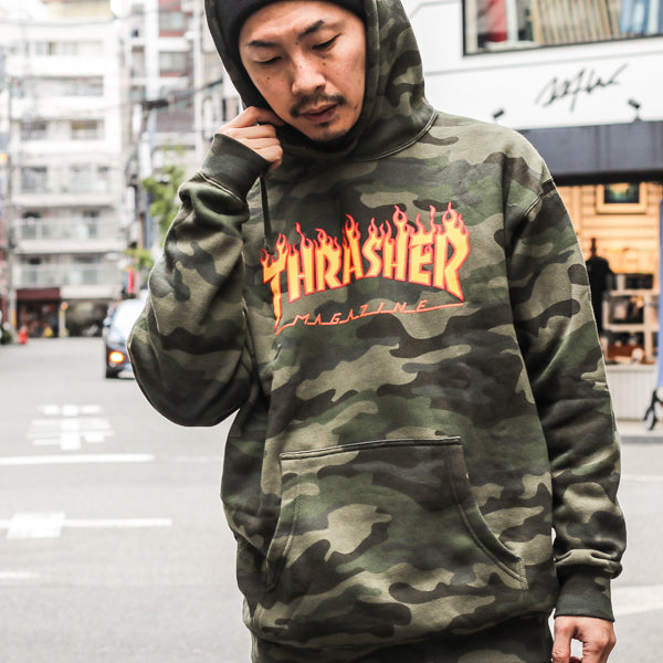 THRASHER / FLAME PULLOVER HOODIE (FOREST CAMO)