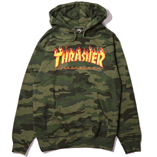 THRASHER / FLAME PULLOVER HOODIE (FOREST CAMO)