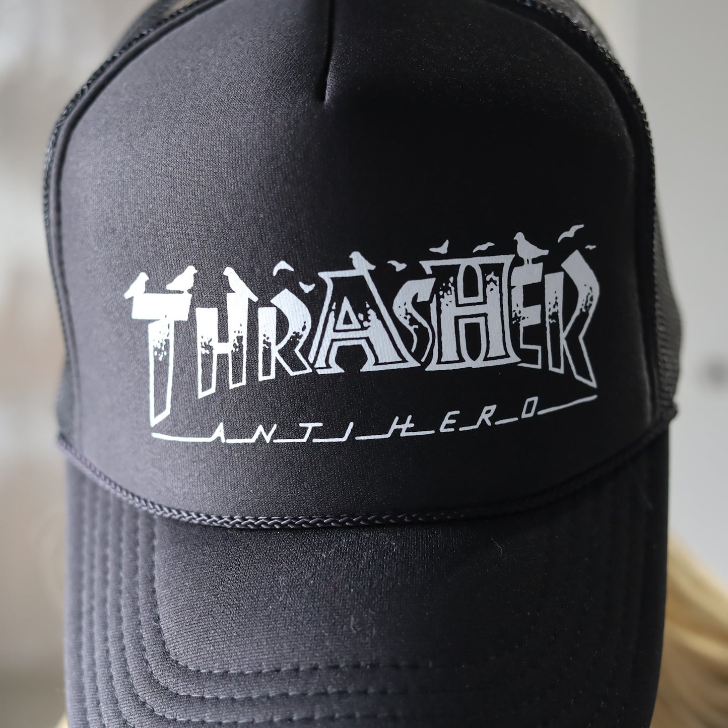 THRASHER X ANTIHERO / PIGEON MAG TRUCKER CAP (BLACK)