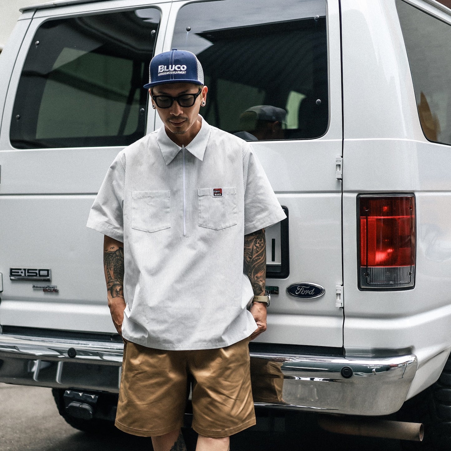 BLUCO / PULLOVER STRIPE WORK SHIRT S/S (WHITE)