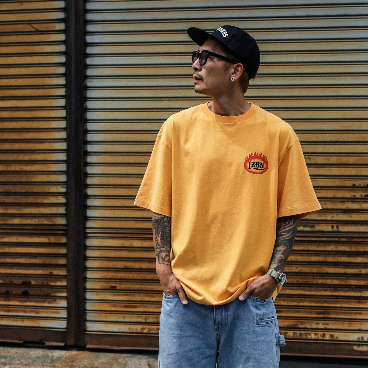 LZBN / FLAME OVAL LOGO FADED WASH TEE (FADED YELLOW)