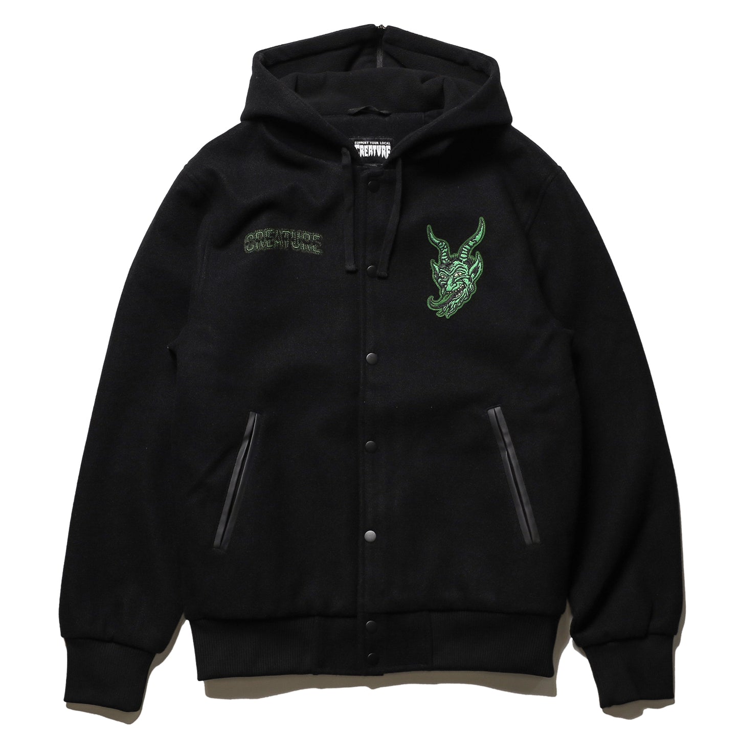 CREATURE / DROP OUT HOODED VARSITY JACKET (BLACK)