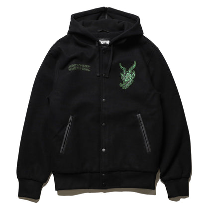 CREATURE / DROP OUT HOODED VARSITY JACKET (BLACK)