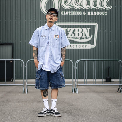 LZBN / WORKERS PATCH S/S WORK SHIRT (LIGHT BLUE STRIPE)