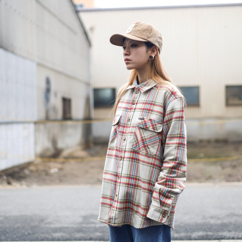 BRIXTON / BOWERY L/S FLANNEL SHIRT (WHITE SMOKE/YELLOW/CASA RED)